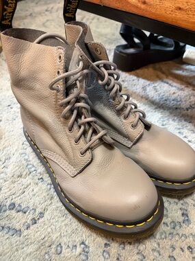 Dr. Martens Light Gray Leather Lace-Up Combat Boots with Yellow Stitching